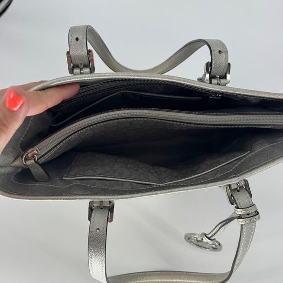 Michael Kors Silver Metallics set jet Tote Bag Purse Handbag Satchel MK Logo - Picture 12 of 13